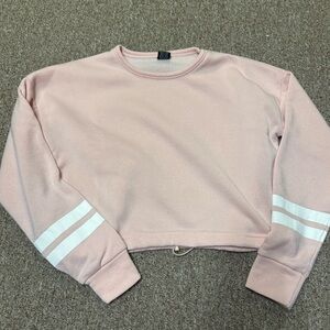 Light baby pink sweatshirt with white stripes on sleeves with elastic waist